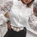 Ladies Fashion Lace Long Sleeve V-Neck Button Shirt