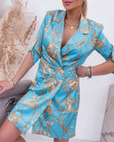 Vintage Women Blue Print Dress