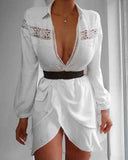 Women'S White Lace Patchwork Ruffle V-Neck Long Sleeve Dress