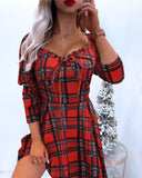 Casual Red Long Sleeve Check Dress