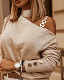Slanted Shoulder Chain Decorated Long Sleeve Tops