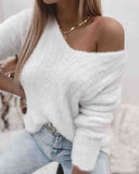 Solid Color Women'S White Long-Sleeved Sweater