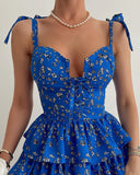 Blue Floral Casual V-Neck Sling Sleeveless Dress