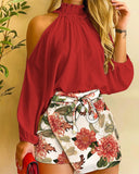 Off-The-Shoulder Floral Long-Sleeve Chiffon Print Two-Piece Suit