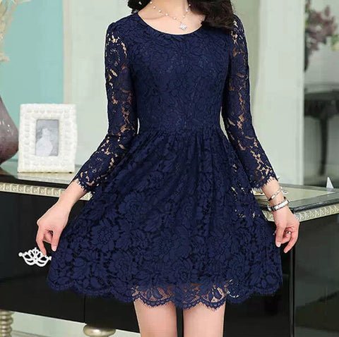 Fashion Long-Sleeved Embroidered Lace Dress