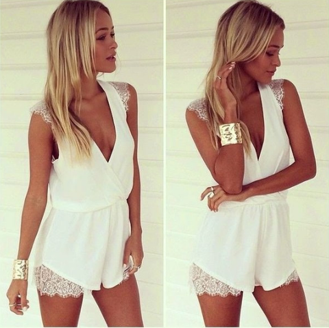 Deep V Neck Sexy White Lace And Chiffon One Piece Jumpsuit