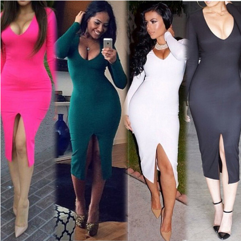 Sexy V-neck long-sleeved dress four colors