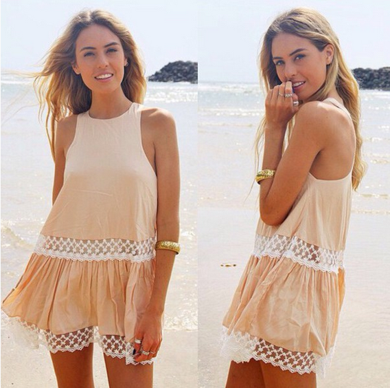 Lace Stitching Round Neck Sleeveless Dress wensoal