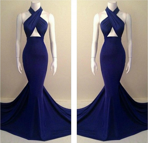Fabulous Halter Design Royal Blue Long Mermaid Dress