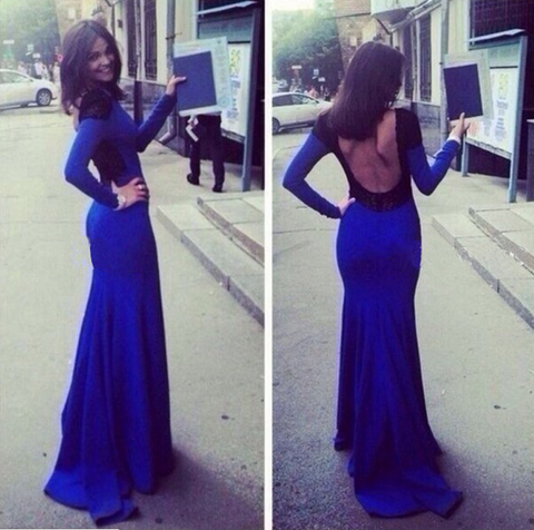 Slim long-sleeved blue dress