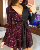 V-Neck Long Sleeve Sequin Stitching Dress