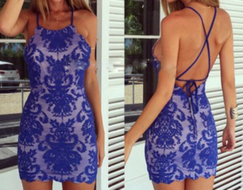 Fashion Lace Print Halter Dress