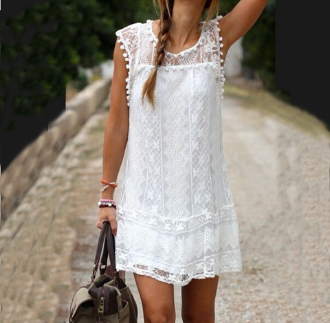 Casual Round Neck White Lace Dress