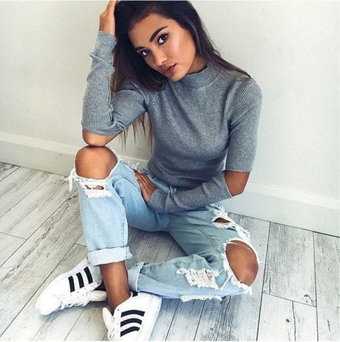 Grey High Neck Cut-Out Long Sleeve Knit Top