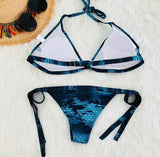 Fashion Women Halter Summer Beach Blue Fish Scales Print Bottom Side Knot Backless Two Piece Bikini Swimwear Bathing