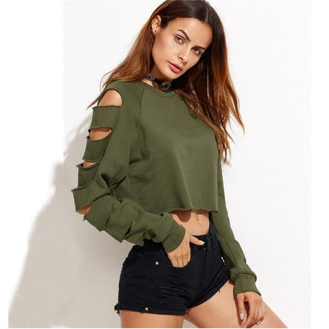 Army Green Cropped Sweatshirt with Ripped Sleeves