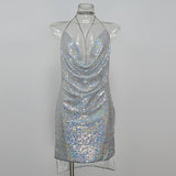 Hot! Front Draped Backless Halter Sparkle Women's Sequin Dress Shinny Mini Party Dresses Sleeveless Sexy Show Club Wear New